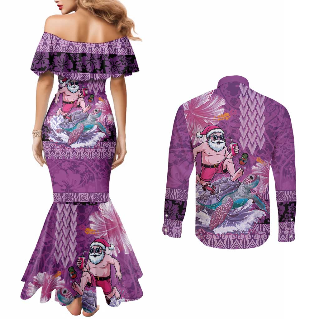 Hawaii Mele Kalikimaka Couples Matching Mermaid Dress and Long Sleeve Button Shirt Funny Santa with Tribal Tattoos Kakau Purple Color LT03 - Polynesian Pride