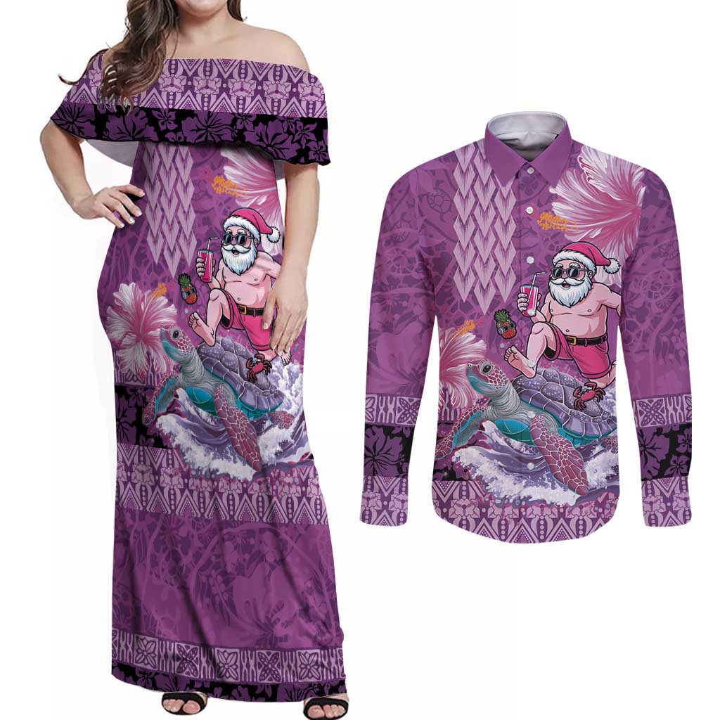 Hawaii Mele Kalikimaka Couples Matching Off Shoulder Maxi Dress and Long Sleeve Button Shirt Funny Santa with Tribal Tattoos Kakau Purple Color LT03 Purple - Polynesian Pride