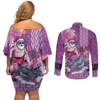 Hawaii Mele Kalikimaka Couples Matching Off Shoulder Short Dress and Long Sleeve Button Shirt Funny Santa with Tribal Tattoos Kakau Purple Color LT03 - Polynesian Pride