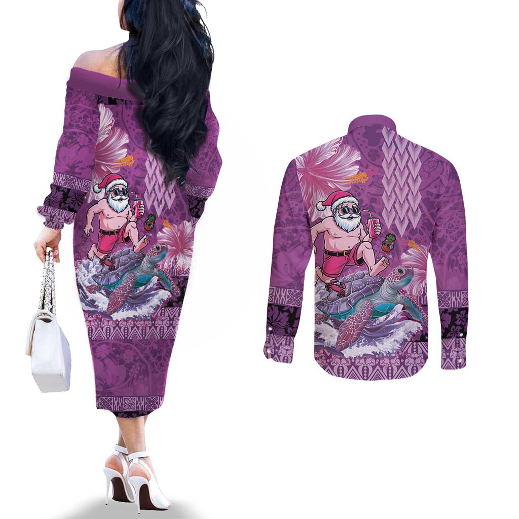Hawaii Mele Kalikimaka Couples Matching Off The Shoulder Long Sleeve Dress and Long Sleeve Button Shirt Funny Santa with Tribal Tattoos Kakau Purple Color LT03 - Polynesian Pride