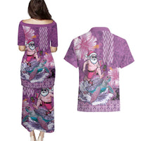 Hawaii Mele Kalikimaka Couples Matching Puletasi and Hawaiian Shirt Funny Santa with Tribal Tattoos Kakau Purple Color LT03 - Polynesian Pride