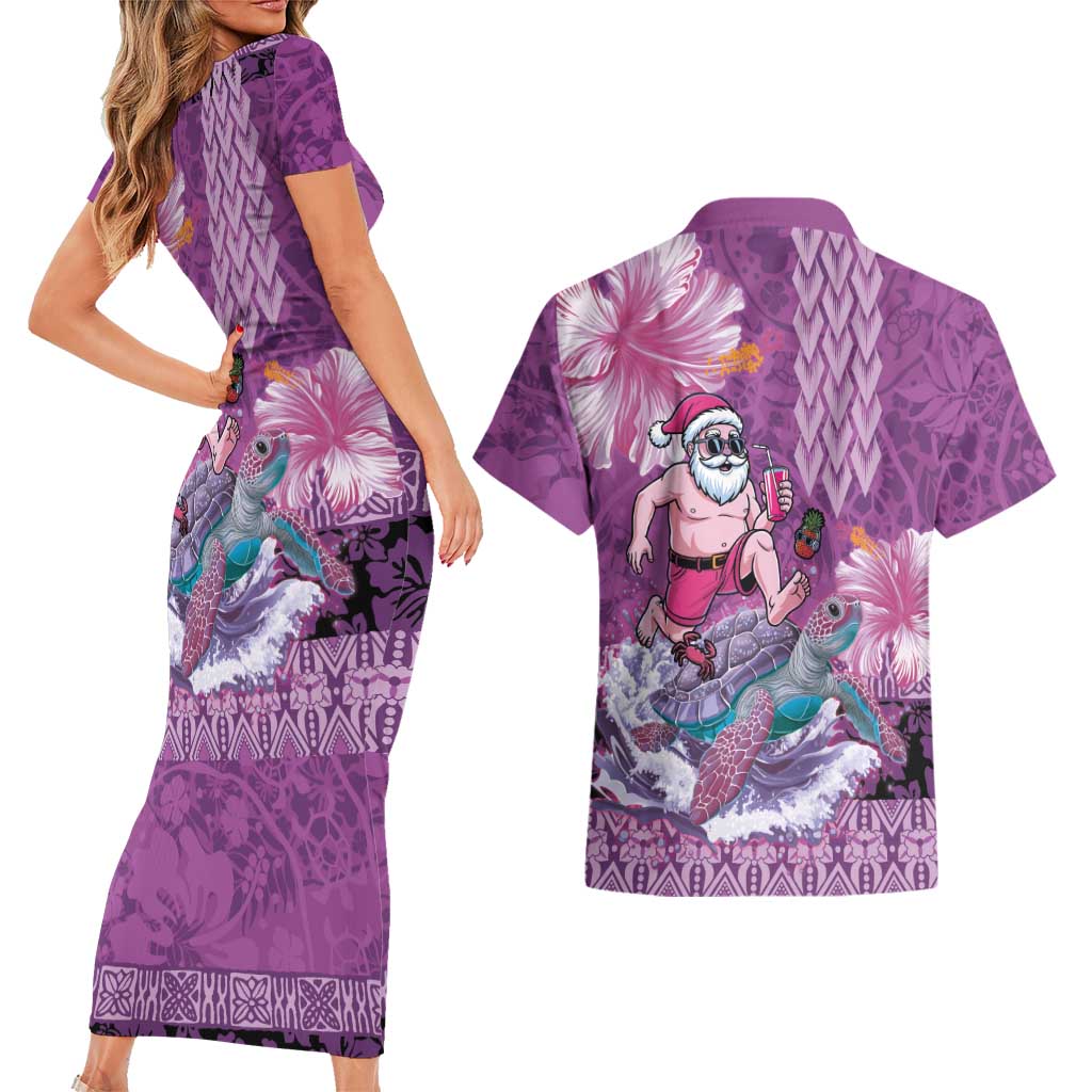 Hawaii Mele Kalikimaka Couples Matching Short Sleeve Bodycon Dress and Hawaiian Shirt Funny Santa with Tribal Tattoos Kakau Purple Color LT03 - Polynesian Pride