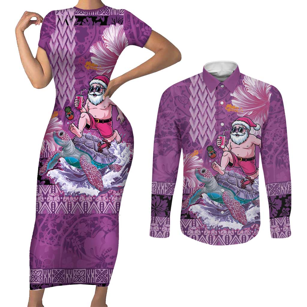 Hawaii Mele Kalikimaka Couples Matching Short Sleeve Bodycon Dress and Long Sleeve Button Shirt Funny Santa with Tribal Tattoos Kakau Purple Color - Polynesian Pride