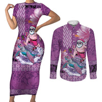 Hawaii Mele Kalikimaka Couples Matching Short Sleeve Bodycon Dress and Long Sleeve Button Shirt Funny Santa with Tribal Tattoos Kakau Purple Color LT03 Purple - Polynesian Pride