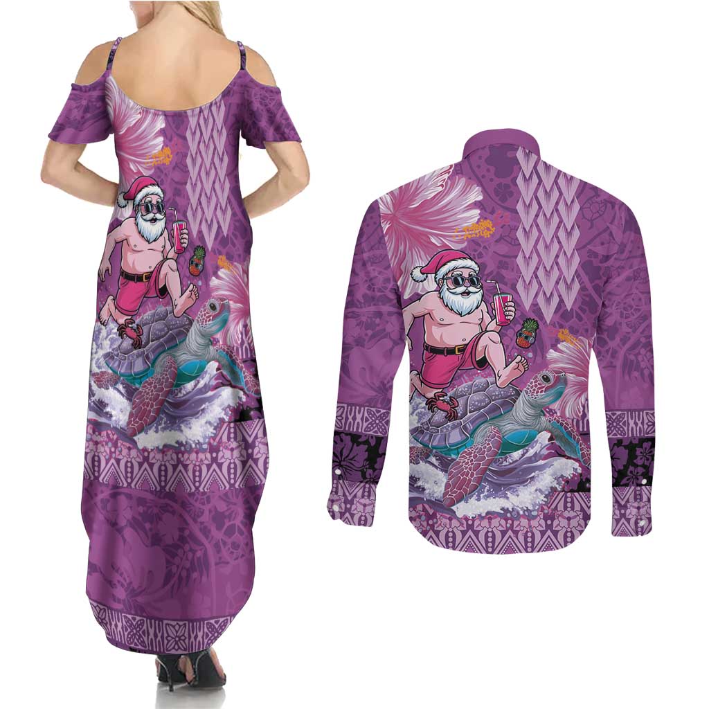 Hawaii Mele Kalikimaka Couples Matching Summer Maxi Dress and Long Sleeve Button Shirt Funny Santa with Tribal Tattoos Kakau Purple Color LT03 - Polynesian Pride