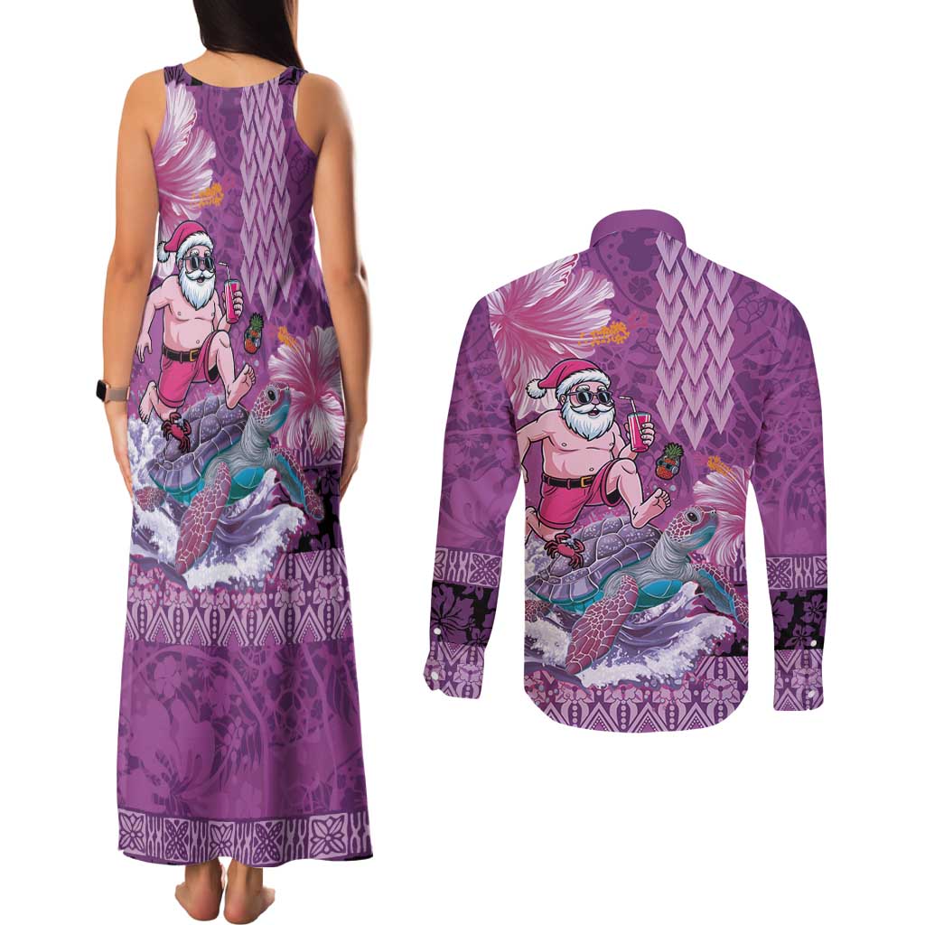 Hawaii Mele Kalikimaka Couples Matching Tank Maxi Dress and Long Sleeve Button Shirt Funny Santa with Tribal Tattoos Kakau Purple Color LT03 - Polynesian Pride