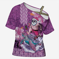 Hawaii Mele Kalikimaka Cross Shoulder Shirt Funny Santa with Tribal Tattoos Kakau Purple Color LT03 Female Purple - Polynesian Pride