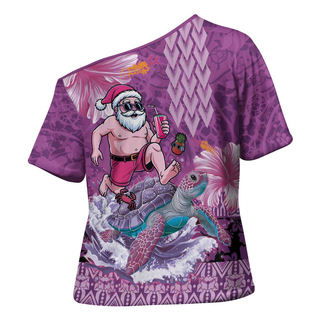 Hawaii Mele Kalikimaka Cross Shoulder Shirt Funny Santa with Tribal Tattoos Kakau Purple Color LT03 - Polynesian Pride