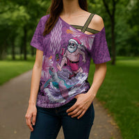 Hawaii Mele Kalikimaka Cross Shoulder Shirt Funny Santa with Tribal Tattoos Kakau Purple Color LT03 - Polynesian Pride