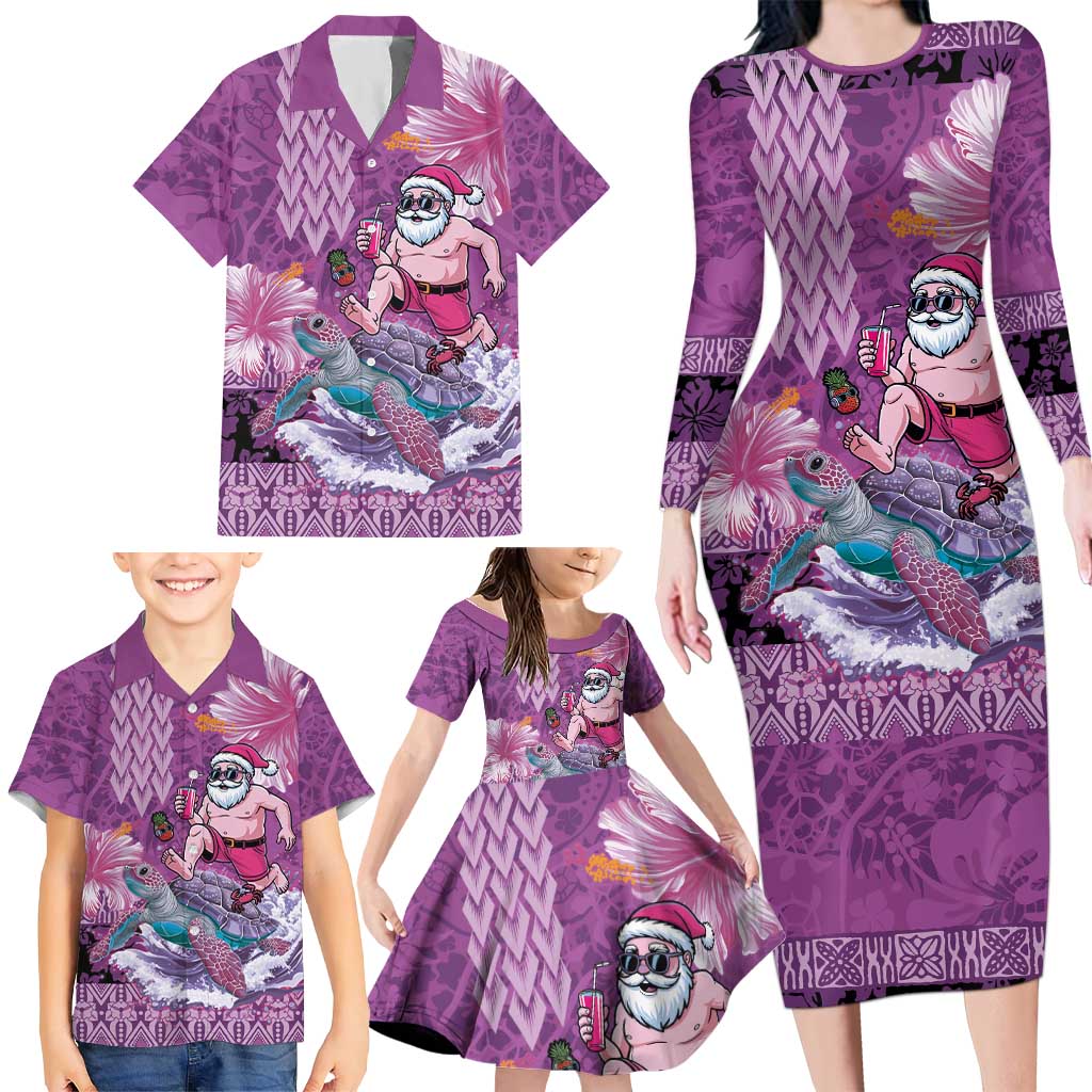 Hawaii Mele Kalikimaka Family Matching Long Sleeve Bodycon Dress and Hawaiian Shirt Funny Santa with Tribal Tattoos Kakau Purple Color LT03 - Polynesian Pride