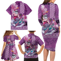 Hawaii Mele Kalikimaka Family Matching Long Sleeve Bodycon Dress and Hawaiian Shirt Funny Santa with Tribal Tattoos Kakau Purple Color LT03 - Polynesian Pride