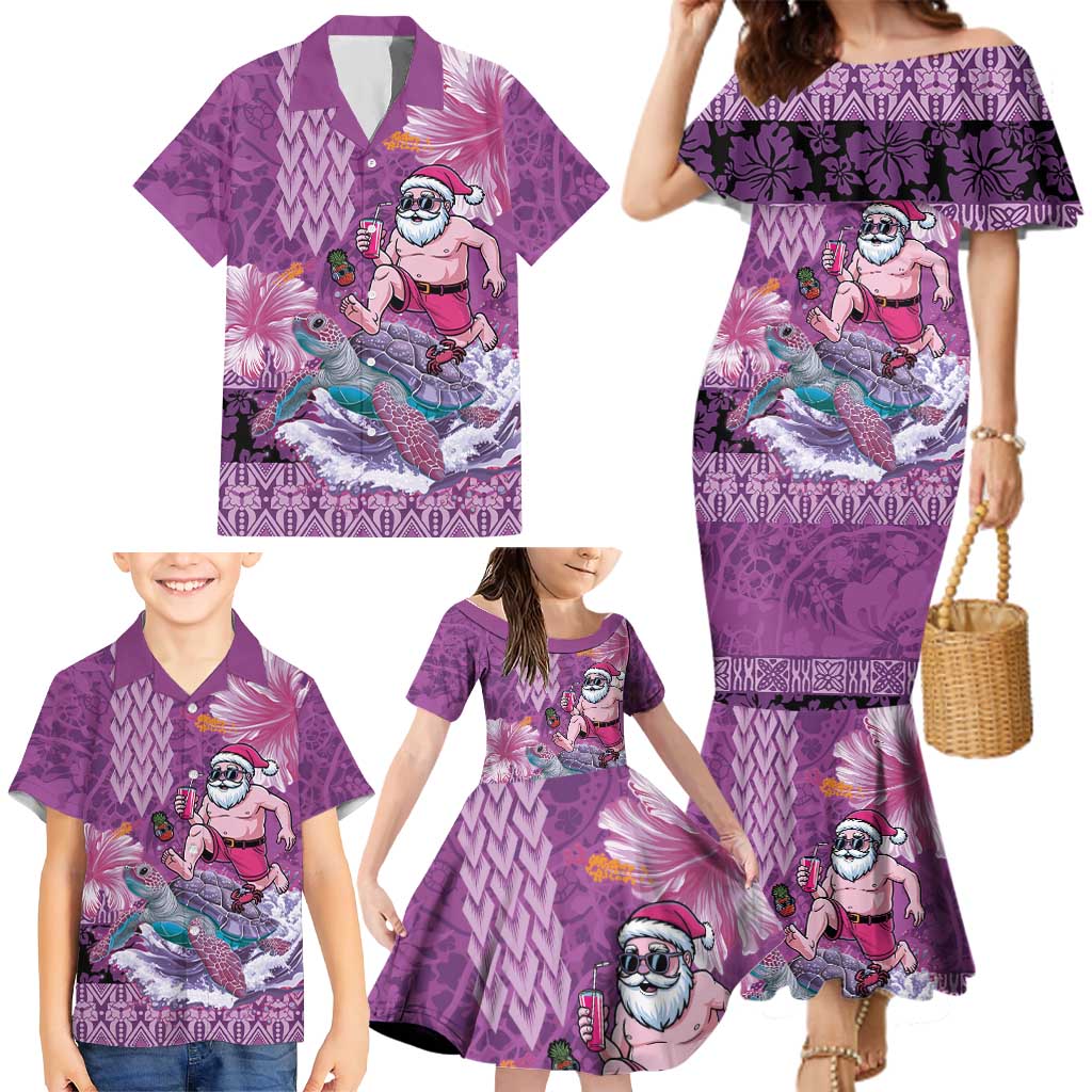 Hawaii Mele Kalikimaka Family Matching Mermaid Dress and Hawaiian Shirt Funny Santa with Tribal Tattoos Kakau Purple Color LT03 - Polynesian Pride