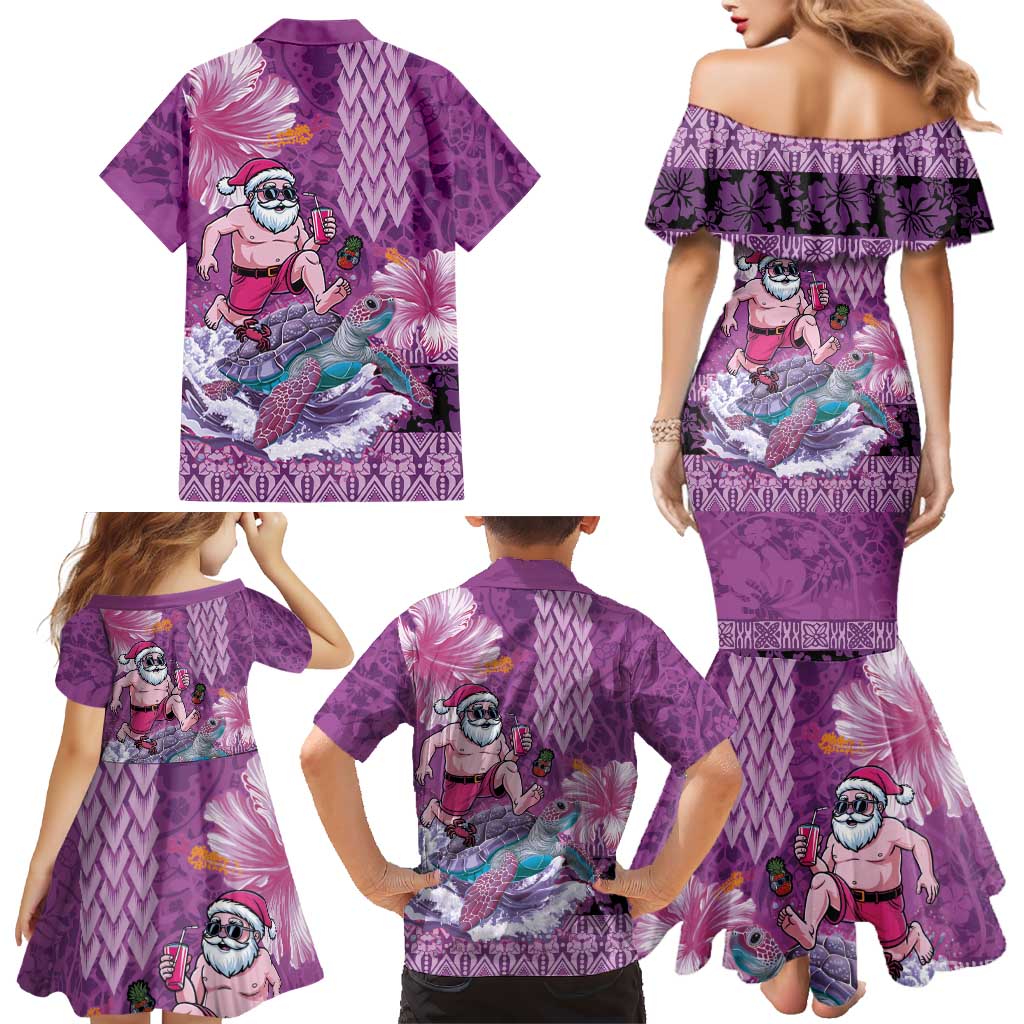 Hawaii Mele Kalikimaka Family Matching Mermaid Dress and Hawaiian Shirt Funny Santa with Tribal Tattoos Kakau Purple Color LT03 - Polynesian Pride