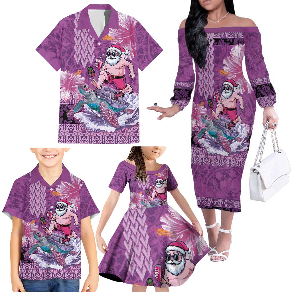 Hawaii Mele Kalikimaka Family Matching Off The Shoulder Long Sleeve Dress and Hawaiian Shirt Funny Santa with Tribal Tattoos Kakau Purple Color - Polynesian Pride