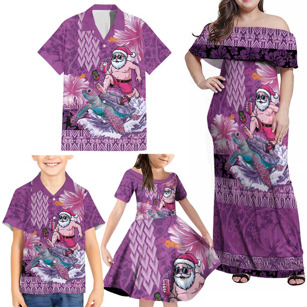 Hawaii Mele Kalikimaka Family Matching Off Shoulder Maxi Dress and Hawaiian Shirt Funny Santa with Tribal Tattoos Kakau Purple Color - Polynesian Pride