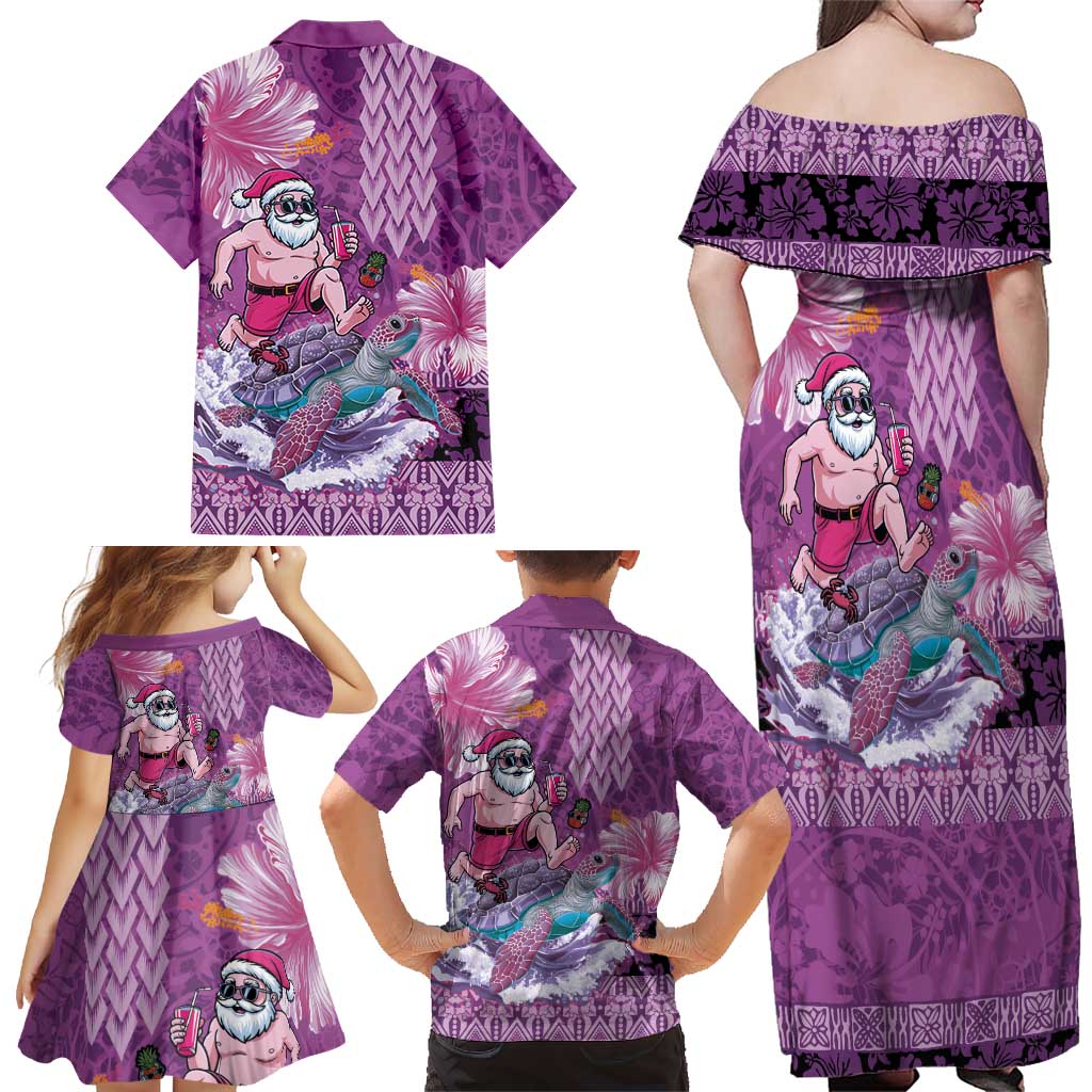 Hawaii Mele Kalikimaka Family Matching Off Shoulder Maxi Dress and Hawaiian Shirt Funny Santa with Tribal Tattoos Kakau Purple Color LT03 - Polynesian Pride