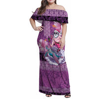 Hawaii Mele Kalikimaka Family Matching Off Shoulder Maxi Dress and Hawaiian Shirt Funny Santa with Tribal Tattoos Kakau Purple Color LT03 Mom's Dress Purple - Polynesian Pride