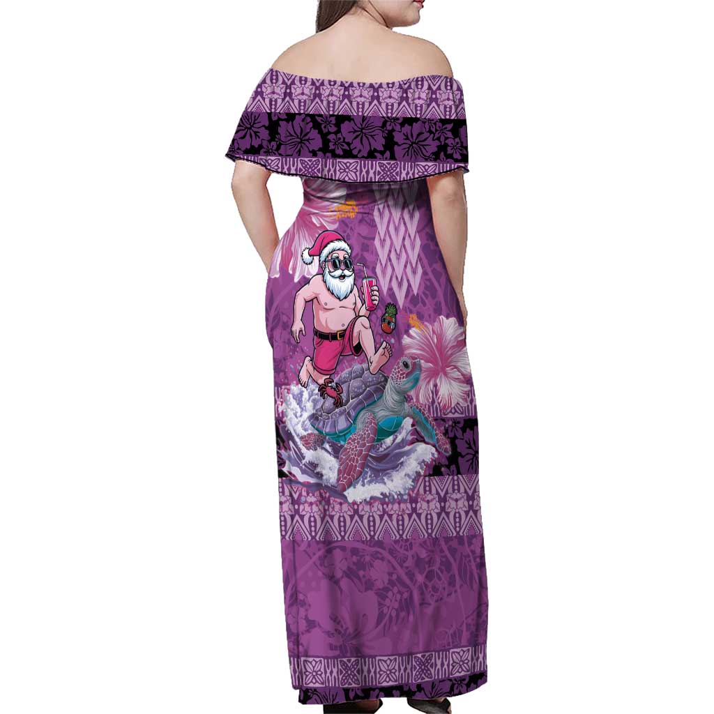 Hawaii Mele Kalikimaka Family Matching Off Shoulder Maxi Dress and Hawaiian Shirt Funny Santa with Tribal Tattoos Kakau Purple Color LT03 - Polynesian Pride