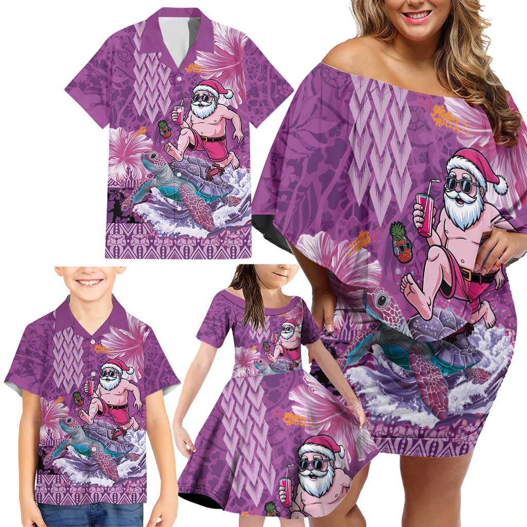 Hawaii Mele Kalikimaka Family Matching Off Shoulder Short Dress and Hawaiian Shirt Funny Santa with Tribal Tattoos Kakau Purple Color LT03 - Polynesian Pride