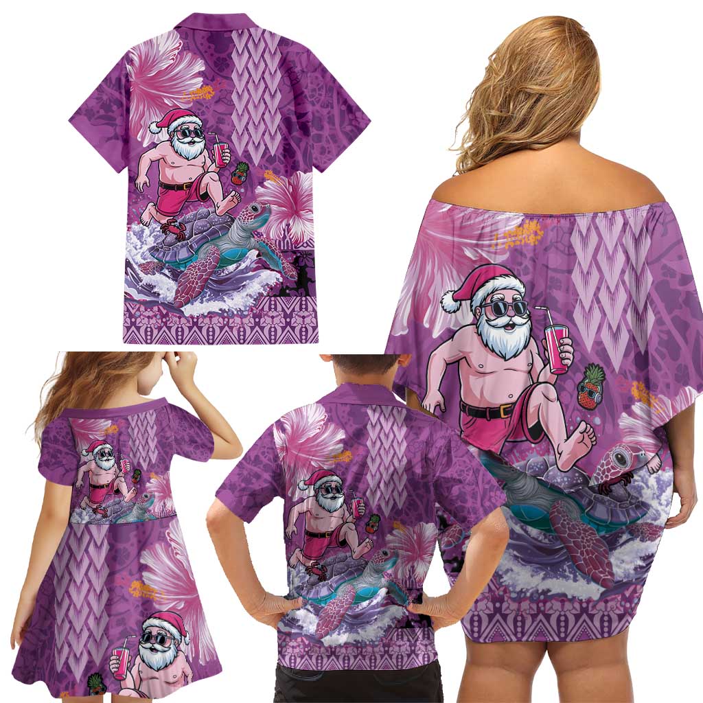 Hawaii Mele Kalikimaka Family Matching Off Shoulder Short Dress and Hawaiian Shirt Funny Santa with Tribal Tattoos Kakau Purple Color LT03 - Polynesian Pride