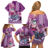 Hawaii Mele Kalikimaka Family Matching Off Shoulder Short Dress and Hawaiian Shirt Funny Santa with Tribal Tattoos Kakau Purple Color LT03 - Polynesian Pride