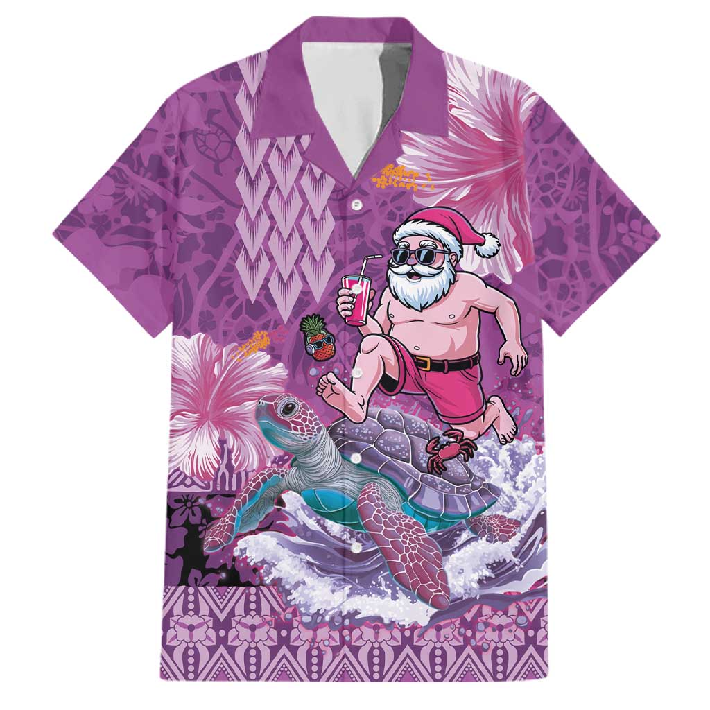 Hawaii Mele Kalikimaka Family Matching Off Shoulder Short Dress and Hawaiian Shirt Funny Santa with Tribal Tattoos Kakau Purple Color LT03 Dad's Shirt - Short Sleeve Purple - Polynesian Pride