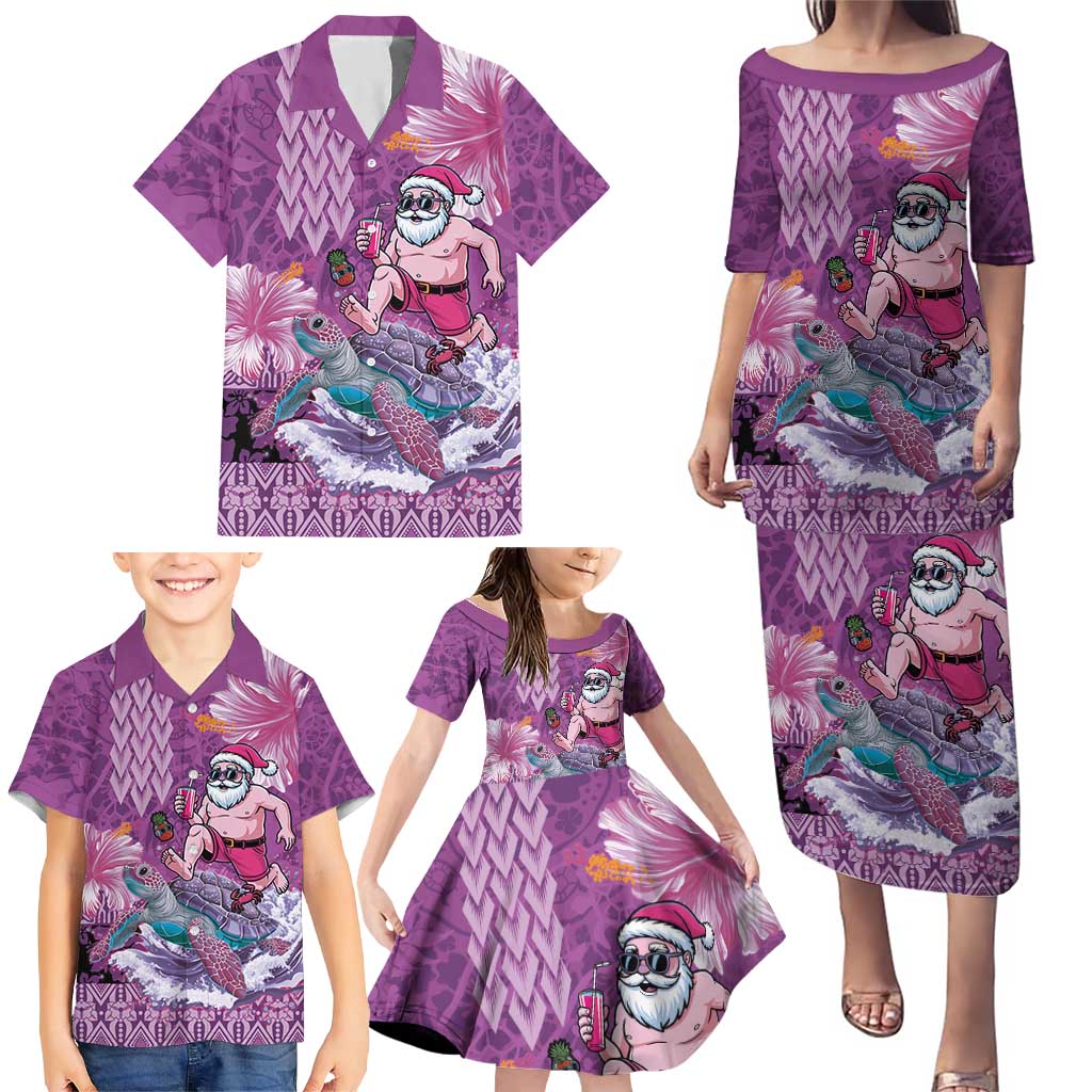 Hawaii Mele Kalikimaka Family Matching Puletasi and Hawaiian Shirt Funny Santa with Tribal Tattoos Kakau Purple Color - Polynesian Pride