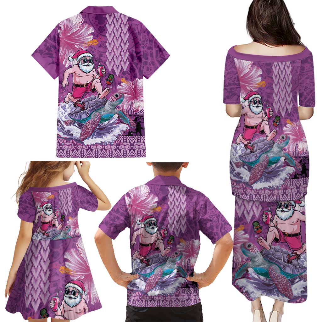 Hawaii Mele Kalikimaka Family Matching Puletasi and Hawaiian Shirt Funny Santa with Tribal Tattoos Kakau Purple Color LT03 - Polynesian Pride