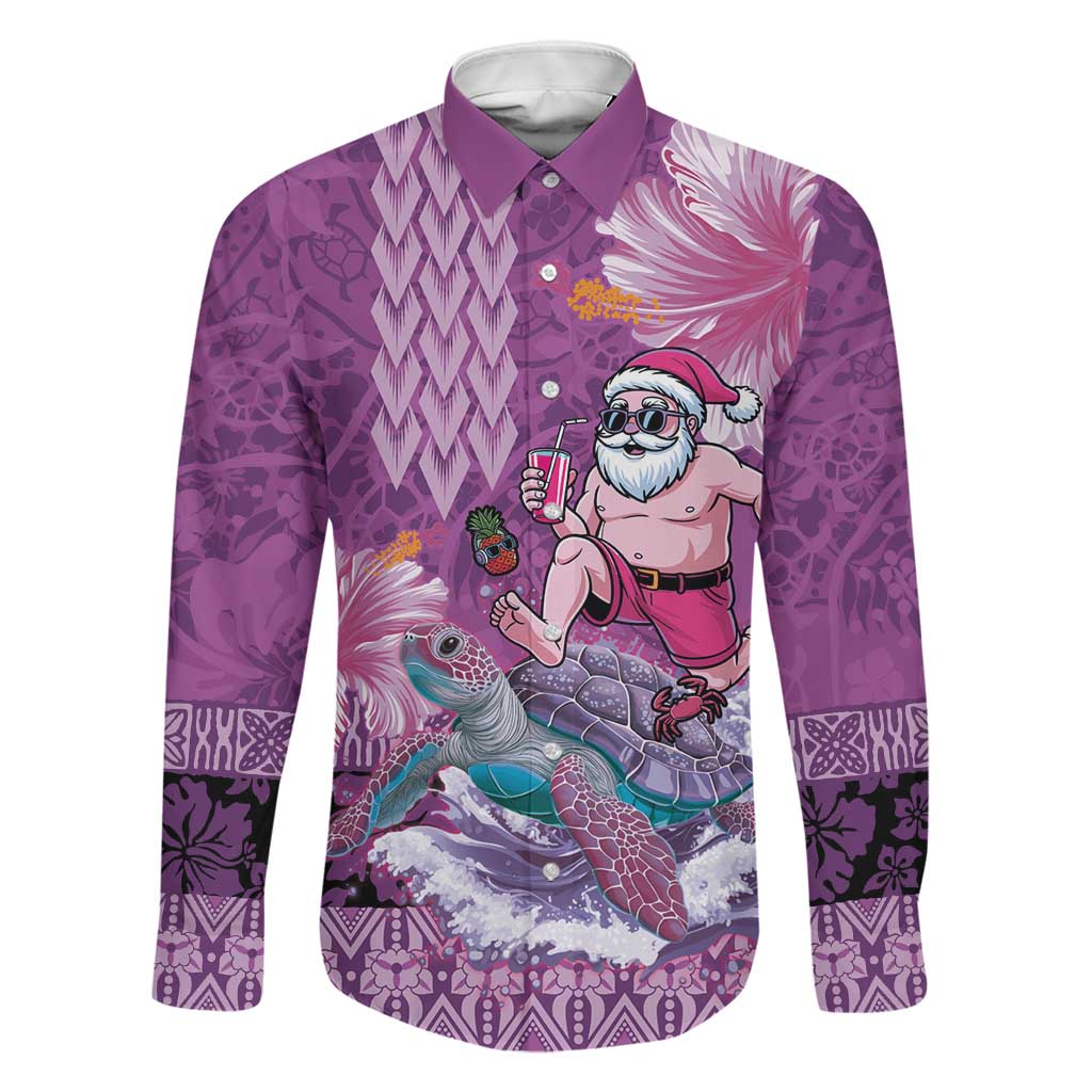 Hawaii Mele Kalikimaka Family Matching Puletasi and Hawaiian Shirt Funny Santa with Tribal Tattoos Kakau Purple Color LT03 Dad's Shirt - Long Sleeve Purple - Polynesian Pride
