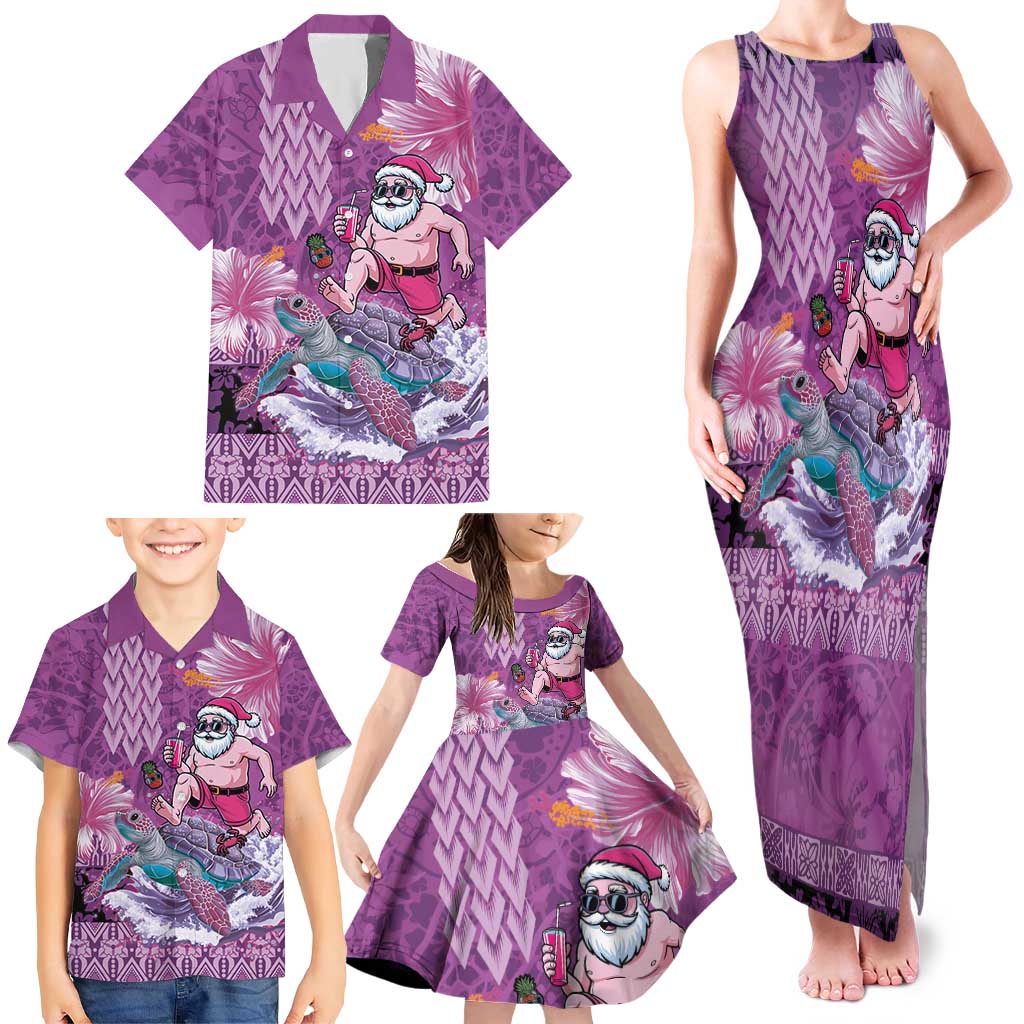 Hawaii Mele Kalikimaka Family Matching Tank Maxi Dress and Hawaiian Shirt Funny Santa with Tribal Tattoos Kakau Purple Color - Polynesian Pride