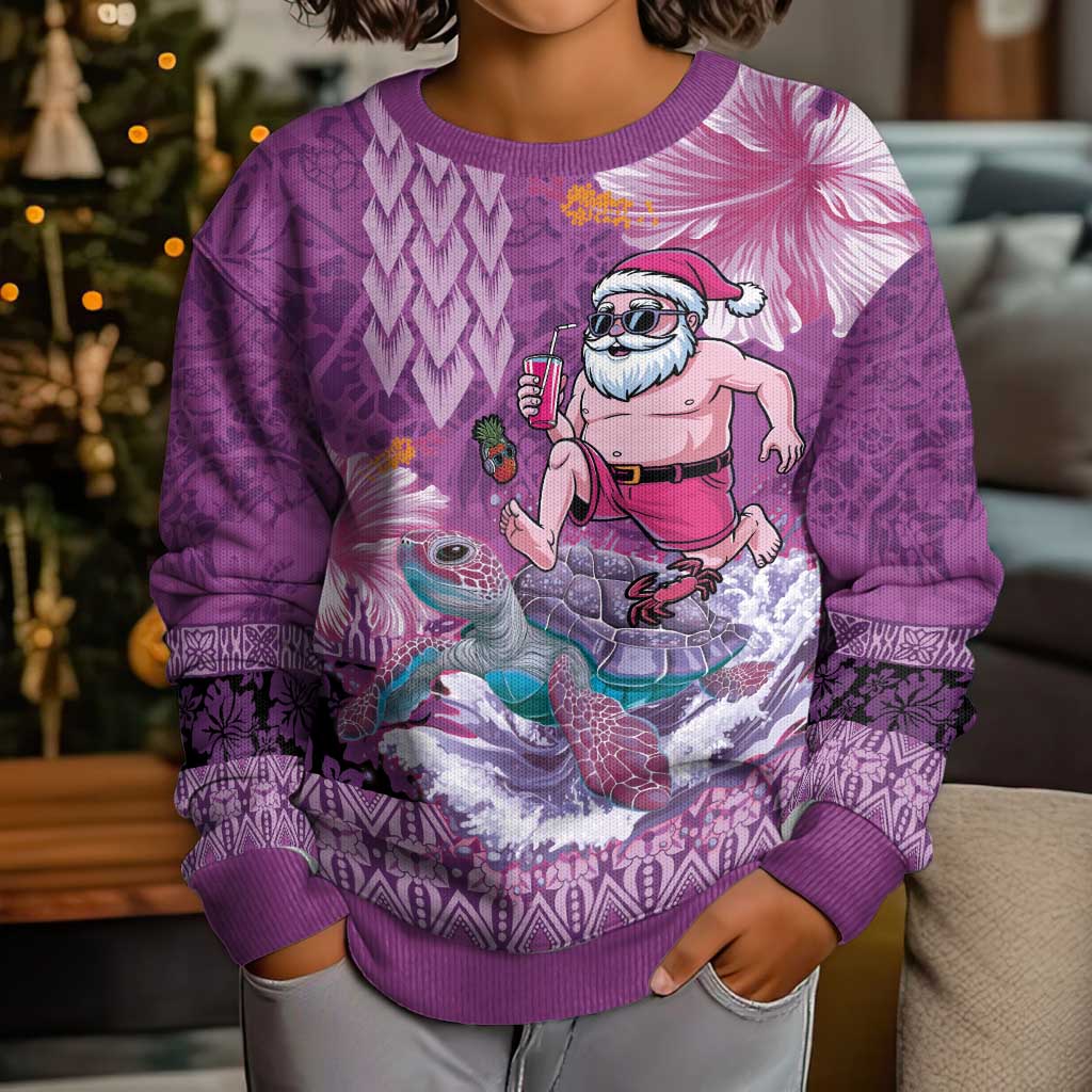 Hawaii Mele Kalikimaka Kid Ugly Christmas Sweater Funny Santa with Tribal Tattoos Kakau Purple Color LT03 - Polynesian Pride