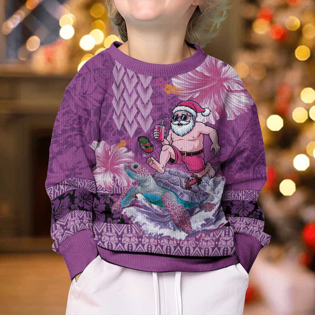 Hawaii Mele Kalikimaka Kid Ugly Christmas Sweater Funny Santa with Tribal Tattoos Kakau Purple Color LT03 - Polynesian Pride