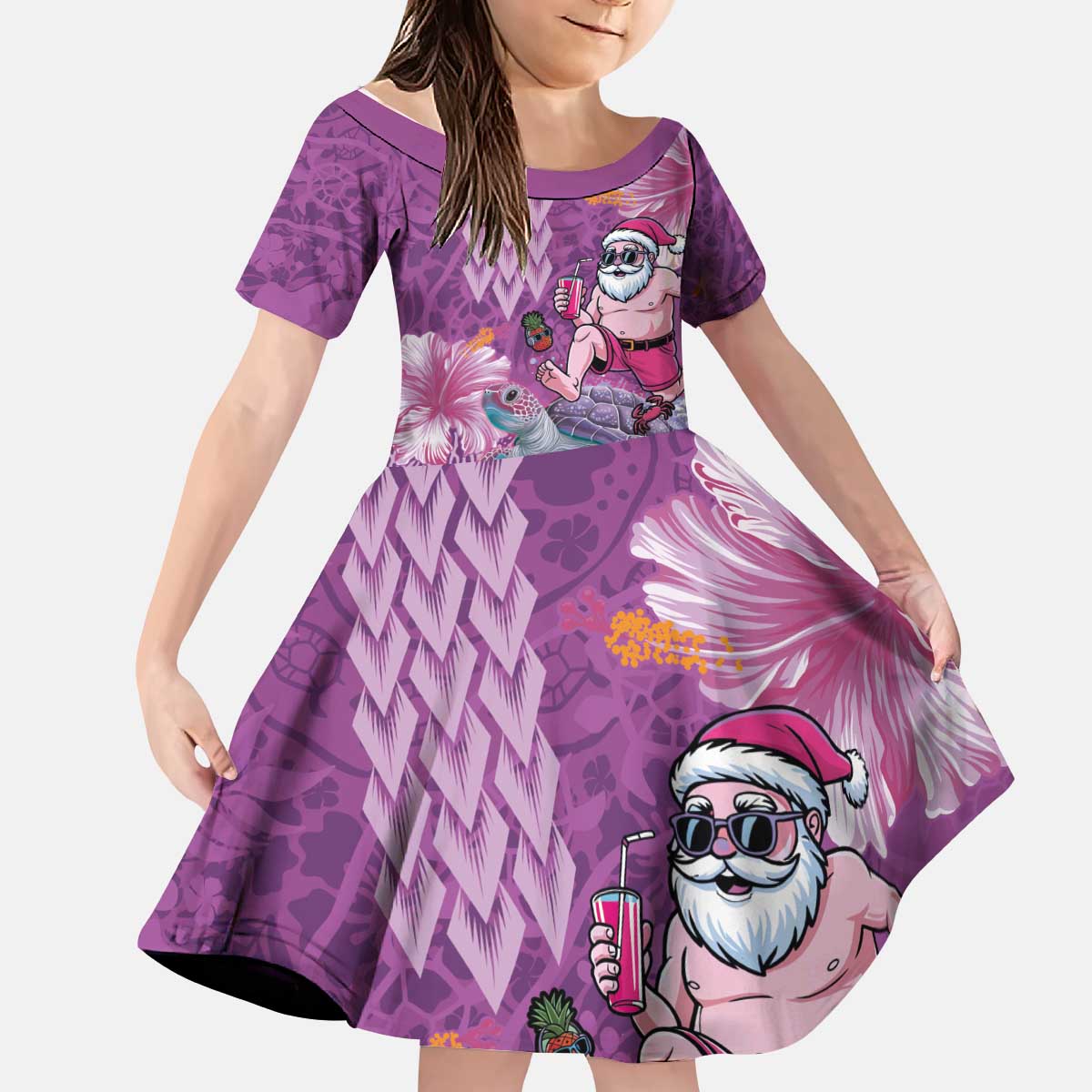 Hawaii Mele Kalikimaka Kid Short Sleeve Dress Funny Santa with Tribal Tattoos Kakau Purple Color - Polynesian Pride