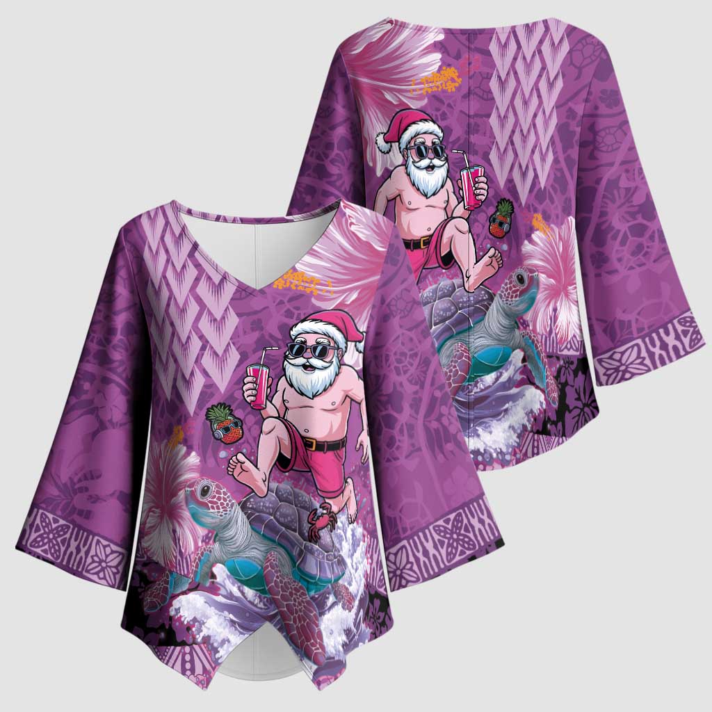 Hawaii Mele Kalikimaka Kimono Sleeve Blouse Funny Santa with Tribal Tattoos Kakau Purple Color LT03 - Polynesian Pride