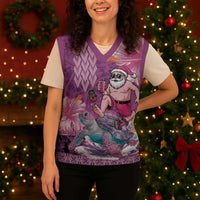 Hawaii Mele Kalikimaka Christmas Knitted V-Neck Vest Funny Santa with Tribal Tattoos Kakau Purple Color LT03 - Polynesian Pride