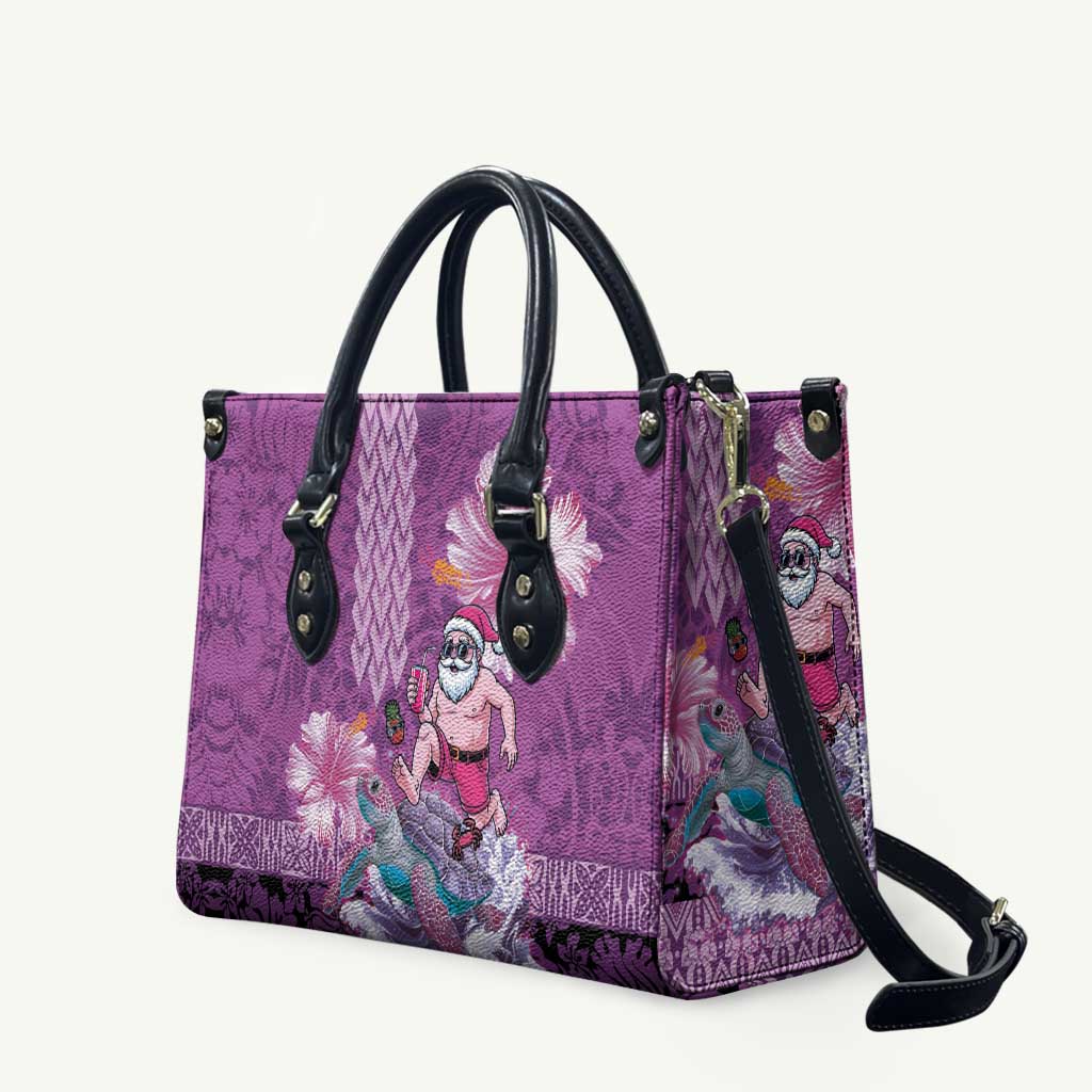 Hawaii Mele Kalikimaka Leather Bag Funny Santa with Tribal Tattoos Kakau Purple Color - Polynesian Pride