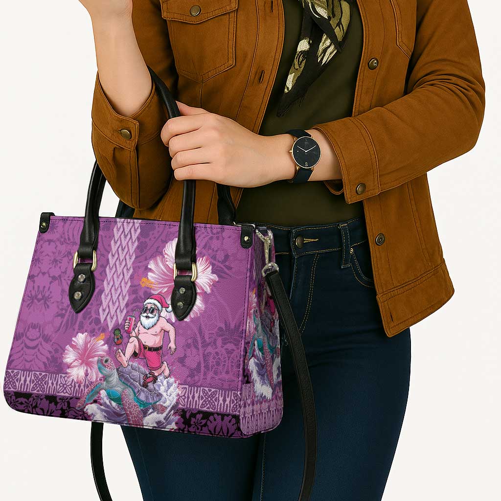 Hawaii Mele Kalikimaka Leather Bag Funny Santa with Tribal Tattoos Kakau Purple Color - Polynesian Pride