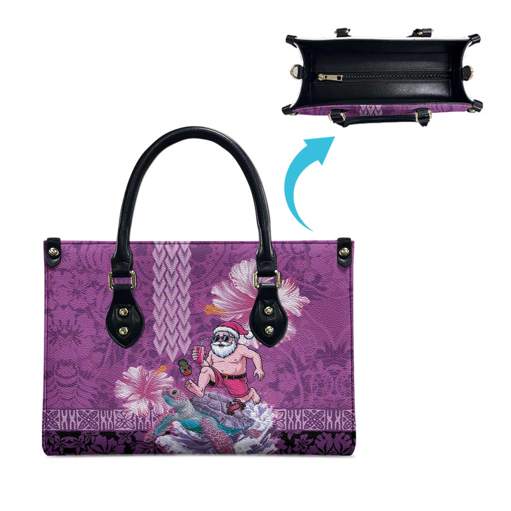 Hawaii Mele Kalikimaka Leather Bag Funny Santa with Tribal Tattoos Kakau Purple Color - Polynesian Pride