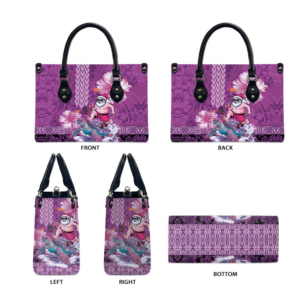 Hawaii Mele Kalikimaka Leather Bag Funny Santa with Tribal Tattoos Kakau Purple Color - Polynesian Pride