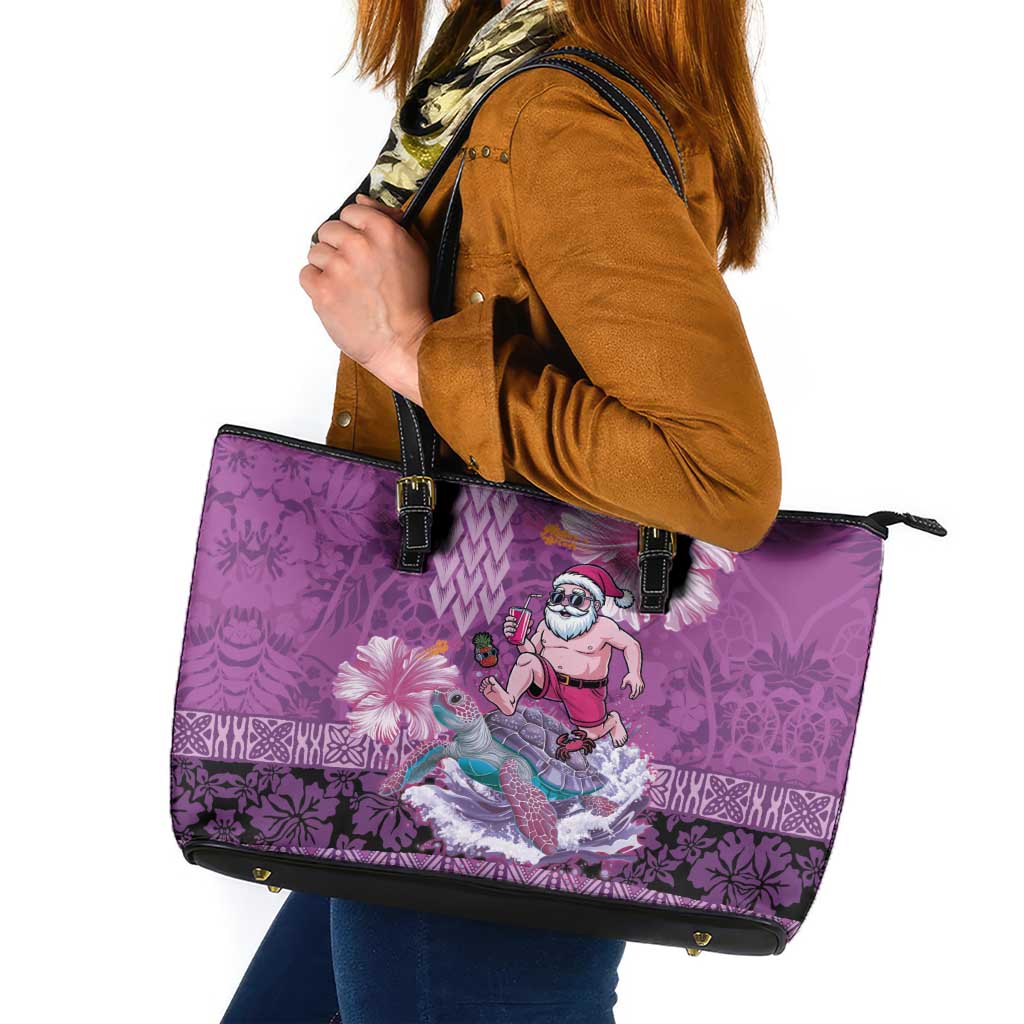 Hawaii Mele Kalikimaka Leather Tote Bag Funny Santa with Tribal Tattoos Kakau Purple Color LT03 Purple - Polynesian Pride