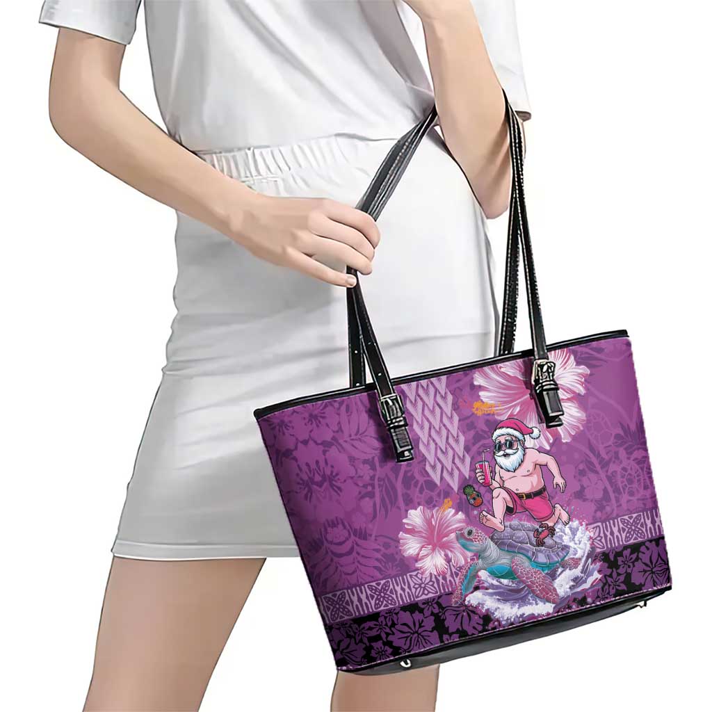 Hawaii Mele Kalikimaka Leather Tote Bag Funny Santa with Tribal Tattoos Kakau Purple Color LT03 - Polynesian Pride