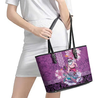 Hawaii Mele Kalikimaka Leather Tote Bag Funny Santa with Tribal Tattoos Kakau Purple Color LT03 - Polynesian Pride