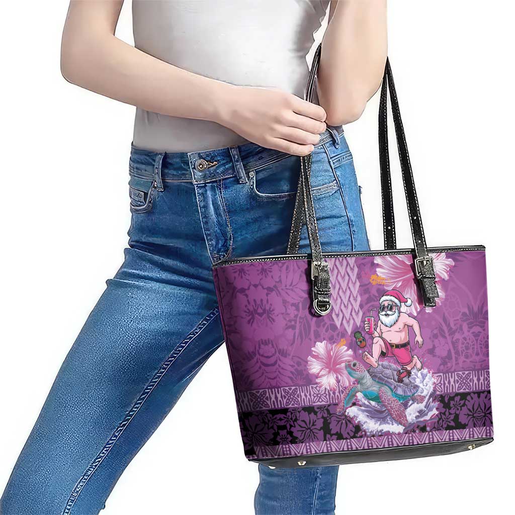 Hawaii Mele Kalikimaka Leather Tote Bag Funny Santa with Tribal Tattoos Kakau Purple Color LT03 - Polynesian Pride