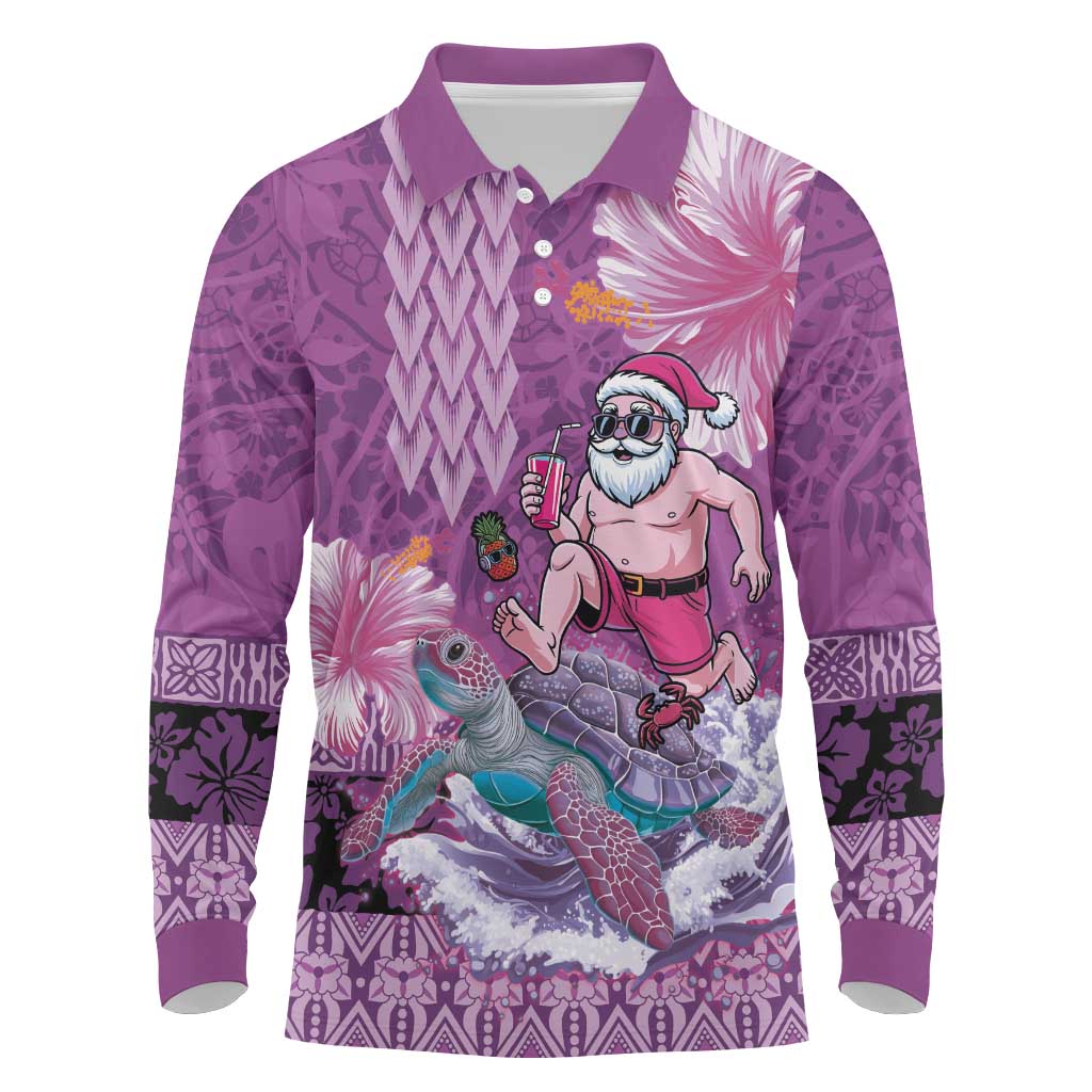 Hawaii Mele Kalikimaka Long Sleeve Polo Shirt Funny Santa with Tribal Tattoos Kakau Purple Color LT03 Purple - Polynesian Pride