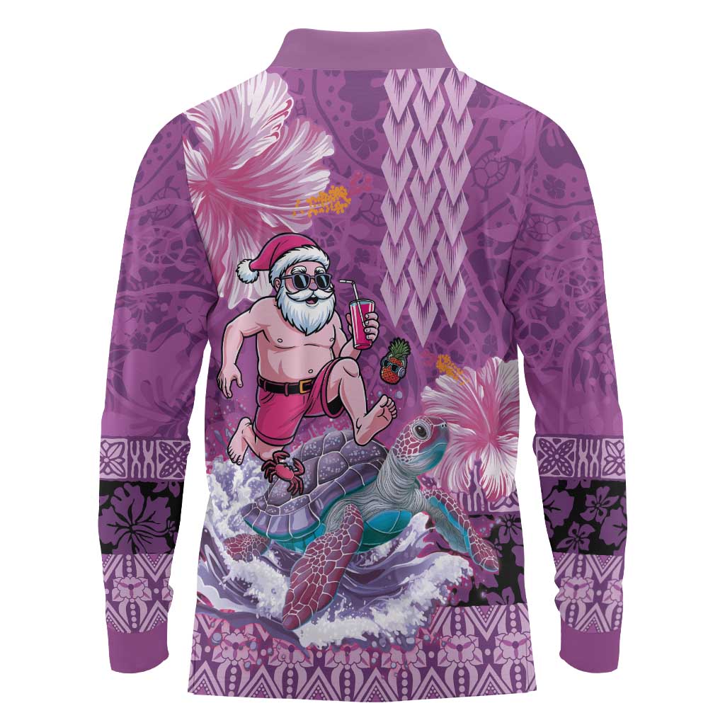 Hawaii Mele Kalikimaka Long Sleeve Polo Shirt Funny Santa with Tribal Tattoos Kakau Purple Color LT03 - Polynesian Pride