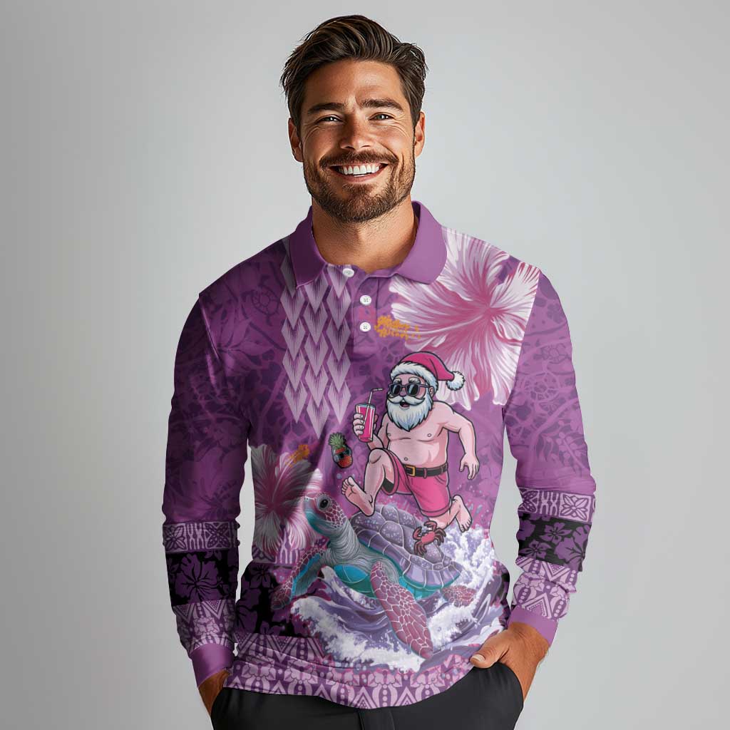 Hawaii Mele Kalikimaka Long Sleeve Polo Shirt Funny Santa with Tribal Tattoos Kakau Purple Color LT03 - Polynesian Pride