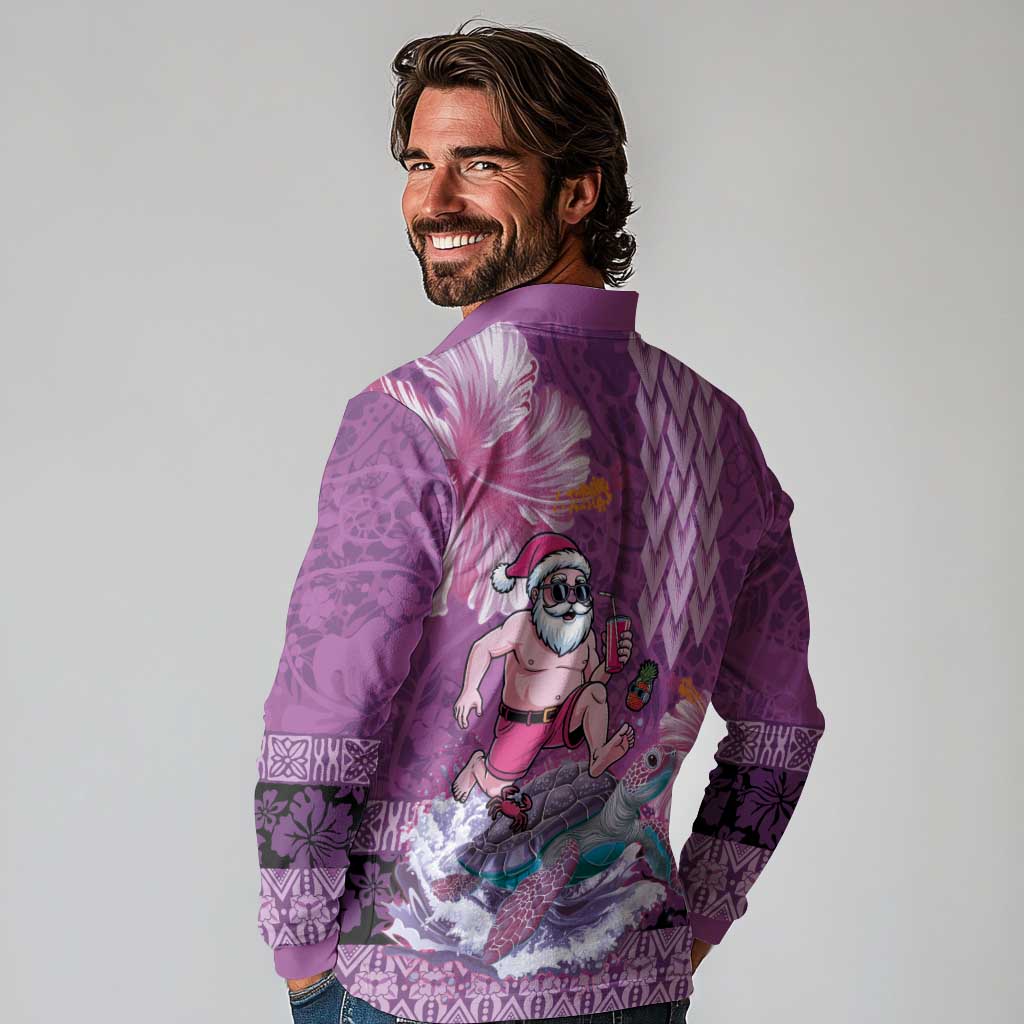 Hawaii Mele Kalikimaka Long Sleeve Polo Shirt Funny Santa with Tribal Tattoos Kakau Purple Color LT03 - Polynesian Pride