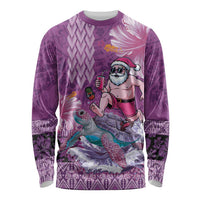 Hawaii Mele Kalikimaka Long Sleeve Shirt Funny Santa with Tribal Tattoos Kakau Purple Color LT03 Unisex Purple - Polynesian Pride