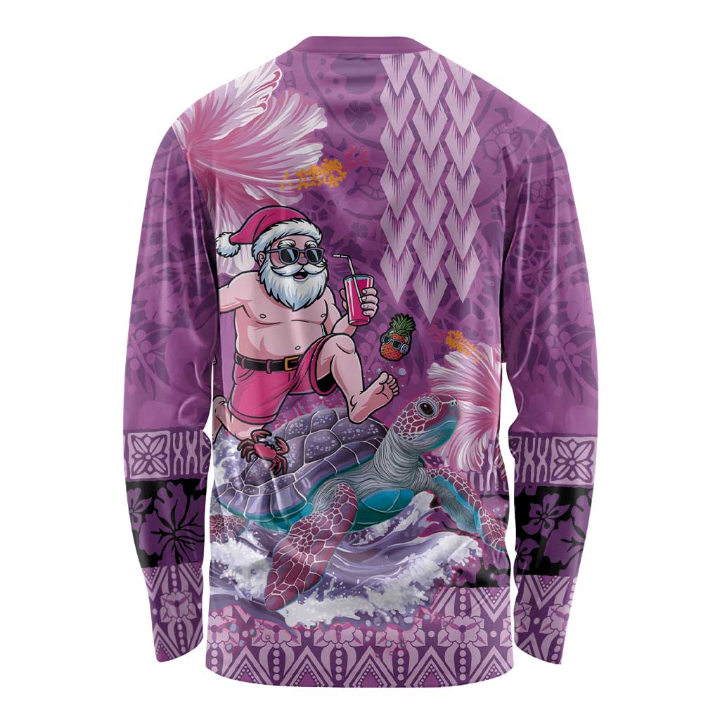 Hawaii Mele Kalikimaka Long Sleeve Shirt Funny Santa with Tribal Tattoos Kakau Purple Color LT03 - Polynesian Pride