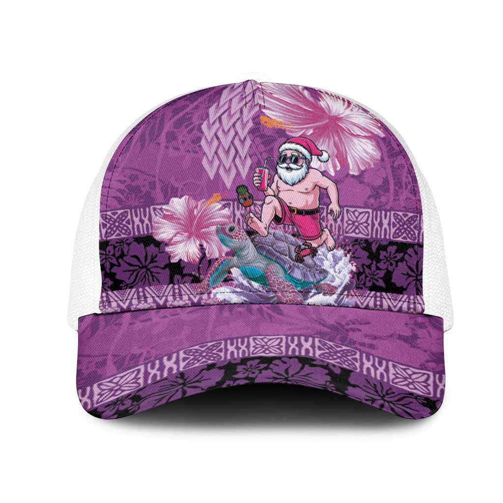 Hawaii Mele Kalikimaka Mesh Trucker Cap Funny Santa with Tribal Tattoos Kakau Purple Color LT03 One Size White Purple - Polynesian Pride